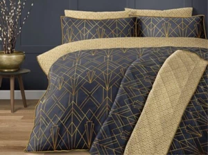 Geometrisches Deko Design gesteppte Bettwäsche in marineblau 230 cm x 260 cm baumwollreich - Bild 1 von 2