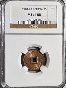 French Indochina 2 Sapeque 1901A NGC MS 64RB - Picture 1 of 2