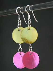 Mother of Pearl Pink & Metallic Yellow Shell Discs, 925 Sterling Silver Earrings - Picture 1 of 14