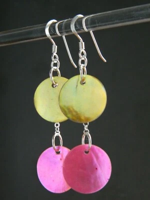 Mother of Pearl Pink & Metallic Yellow Shell Discs, 925 Sterling Silver Earrings - Image 1 of 4