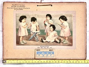 1937 Dionne Quintuplet calendario bambini vintage antico rusk panetteria bambola bambino - Foto 1 di 11
