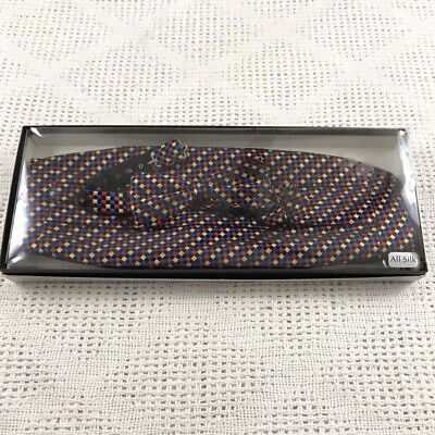 Bowtie Cummerbund Set Vintage 1995 Belk All Silk Jewel Tone Checkered Adjustable - image 1 of 4