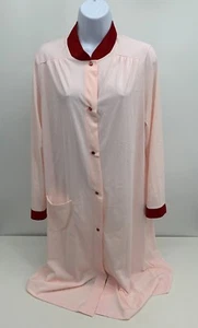 Vintage Shadow Line Pink Nylon Peignoir Dressing Gown Robe Pearl Snap Red Collar - Picture 1 of 7