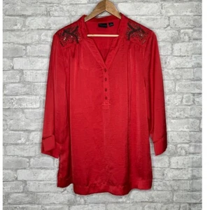Tribal Blouse Tunic Top Pullover Size 16 Red 3/4 Sleeves Sequins Beaded Festival - Picture 1 of 13