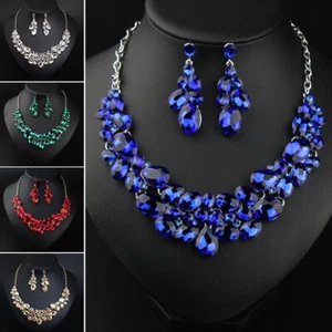 Statement Choker Crystal Necklace Earrings Bridal Wedding Party Jewelry Set Gift - Picture 1 of 33