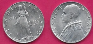 VATICAN CITY 10 LIRE 1952 UNC POPE PIVS XII,PRUDENCE STANDING AND DATE DIVIDES V - Bild 1 von 1