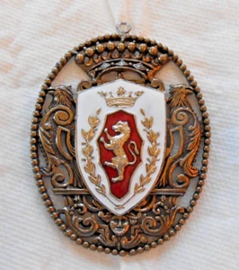 Shield Lion Crown Coat of Arms Pendant Enamel Brass 2.75" X 3.5" - Picture 1 of 3