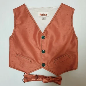 Peach copper waistcoat,Green edging, Green buttons, pockets sz 3-4 yrs handmade - Picture 1 of 6