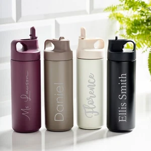 Personalised Water Bottle Insulated Stainless Steel Drinks Flask Flip Straw Lid - Picture 1 of 11