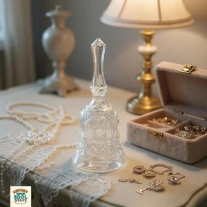 Bell Vintage Pressed Glass with Etched 4 Windows of Flower Shapes 7 in. Tall - Picture 1 of 7