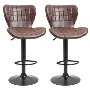 Set of 2 Adjustable Swivel Bar Stools | PU Leather | Brown | High Back Design - Picture 1 of 9