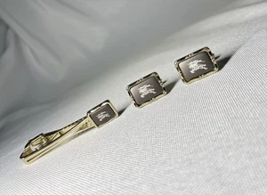 Auth Burberry Cufflinks Tie Clip set Horse Knight Logo Gold & dark brown Bar pin - Picture 1 of 24