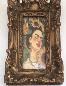 Frida Kahlo with Sunflowers Famous Print Beautiful Antique Looking Frame 3 3/4X8 - Picture 1 of 4