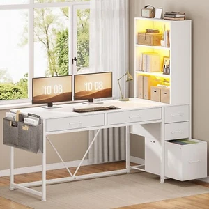 Computer Desk with 5 Drawers and Bookshelf, Home Office Desk with LED Lights - Picture 1 of 34