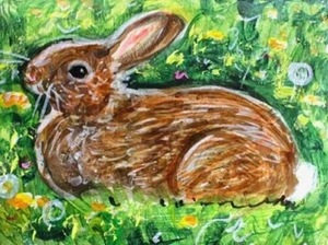 ORIGINAL ACEO Cottontail RABBIT Painting Spring Flower Bunny Animal Nature ART - Afbeelding 1 van 1
