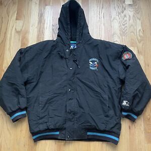 Men's Vintage 90s Starter Charlotte Hornets Black Teal Hooded Puffer Jacket Sz L
