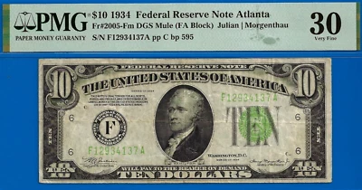 1934 $10 Federal Reserve Note PMG 30 crazy rare 8 known Atlanta mule Fr 2005-Fm - Image 1 of 3