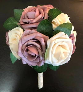 Mauve (Heather) & Cream Faux Rose Bridal Wedding Bouquet w/ Vintage Brooch Frill - Picture 1 of 7