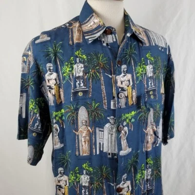 Camisa de campamento hawaiana vintage Mango Moon grande, figuras Tiki 100 % rayón Foto 1 de 4