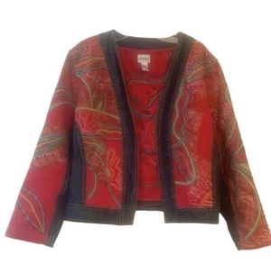 Giacca jeans Chico’s 2 Tulsa Raku denim e rosso ricamato uguale a donna taglia L - Foto 1 di 5
