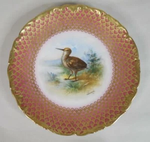 Plato decorativo antiguo de 9" T&V Limoges Francia con pájaro, adorno rojo/dorado - Imagen 1 de 10