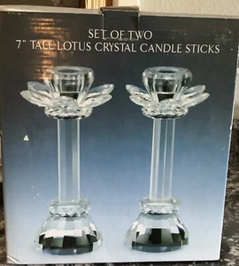 Pair of Tall Lotus Crystal/Glass 7" High Candle Holders - Picture 1 of 6