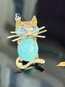 Tiffany & Co 18K Turquoise Rubies Whimsical Kitty Cat Kitten Pin Brooch Rare - Picture 1 of 24