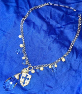^SILVER TONED NECKLACE with PEARLS, CHARMS & PRISM'S 13 1/2 in long - Picture 1 of 6