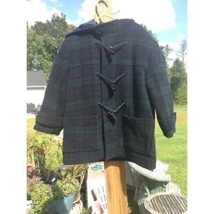 Vintage Talbots kids wool coat 4 green navy plaid tartan hood toggle girls boys - Picture 1 of 13
