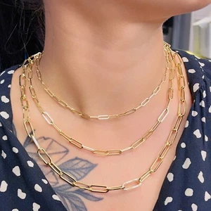 14k Yellow Gold Hollow Fancy Paper Clip Necklace and Bracelet 3MM  4.3MM  6.5MM - Picture 1 of 24