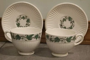 Wedgwood Edme Stratford Footed Tea Cups & Matching Saucers Set Green Ivy Leaves - Picture 1 of 24