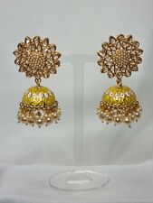 G10 Indian Jaipur Kundan Gold And Yellow Meena Gajra Pearls Jhumka Earrings