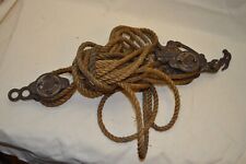 Antique Barn Hemp Rope Cast Iron Double Pulley Block & Tackle Pat 1894 / 1889