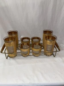 Vtg MCM Set Of 8 Pasinski Kashmir Gold Lowball/Highball Glasses w/Carrier Tray - Picture 1 of 4