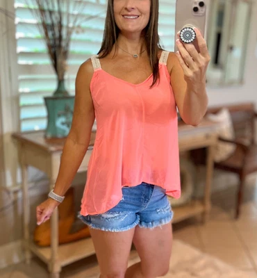 Шифон Майка женщин маленький неоновый розовый крючком чистый Flowy Beach сексуальный ретро - Изображение 1 из 4