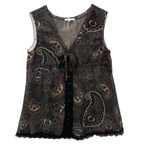 Y2K Babydoll Tank Top Size M Paisley Whimsigoth Fairy Dark Semi-Sheer Lace Trim - Picture 1 of 9
