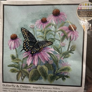 Dimensions Butterfly and Daisies Cross Stitch Kit 35249 Pink Flowers 11x11” NEU - Bild 1 von 8