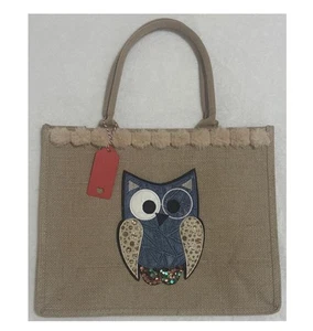 Natural Burlap Jute Tote Bag/Cotton handles 12x5.5x15" Owl Decoration-Handmade - Picture 1 of 9
