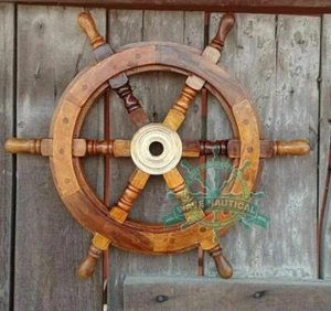 Marine boat steering wheel Nautical wooden brass ship wheel pirate wall decor - Picture 1 of 6
