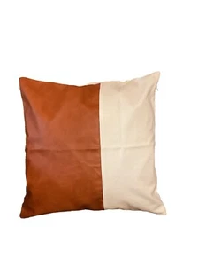 Faux Brown Leather With White Linen Farmhouse Square Pillow Covers 18x18 Pk Of 3 - Picture 1 of 8