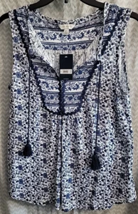 Lucky Brand Blue Floral Tank Size Small Shirt Keyhole V-neck Top Tie & Tassels - Picture 1 of 3