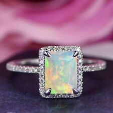 3CT Emerald Cut Simulated Fire Opal Halo Engagement Ring 14K White Gold Plated