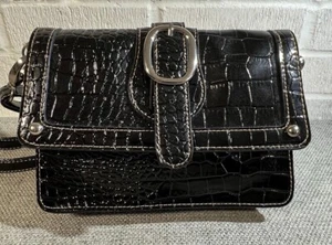 Mondani Black Patent Leather Crossbody Bag Faux Croc Lightweight Small 8" X 6" - Picture 1 of 14