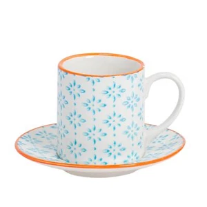 Hand Printed Espresso Cup Saucer Set Small Porcelain Coffee Cups Blue 65ml - Picture 1 of 7