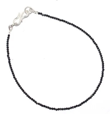 925 Fine Silver Black Zircon Gemstone 2 mm Round Beads 5" Strand Bracelet G-20 - Image 1 of 4