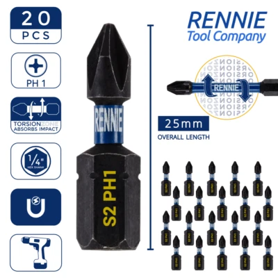 RENNIE TOOL COMAPNY 20 x PH1 25mm Long Magnetic Impact Duty Screwdriver Drill Driver Bits Phillips 1
