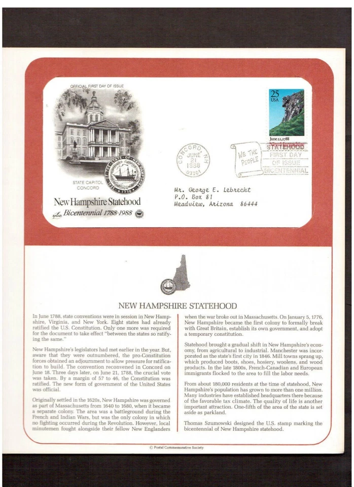 Postal First Day Cover FDC stamp # 2344 25 cent New Hampshire Statehood 1988 - Image 1 of 1