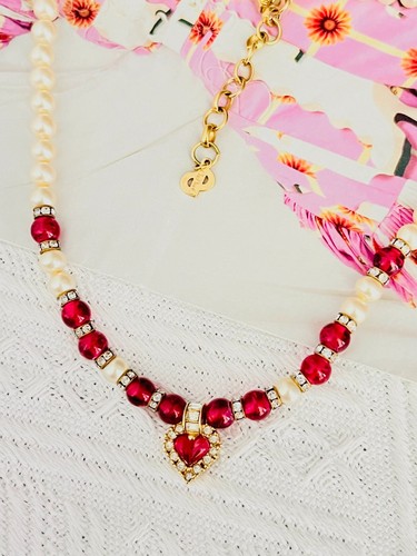 Collana Christian Dior Vintage 1980 Rubino Cuore Perle Bianche Rettangolo Cristalli 