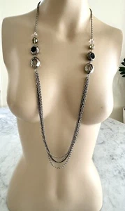 Vintage 1970's Retro Chain & Pendants Long Necklace Silver & Black - Picture 1 of 3