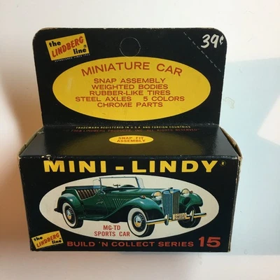 Kit miniatura de carro esportivo lacrado novo na caixa vintage 1968 Lindberg #15 Mini-Lindy MG-TD - Imagem 1 de 4